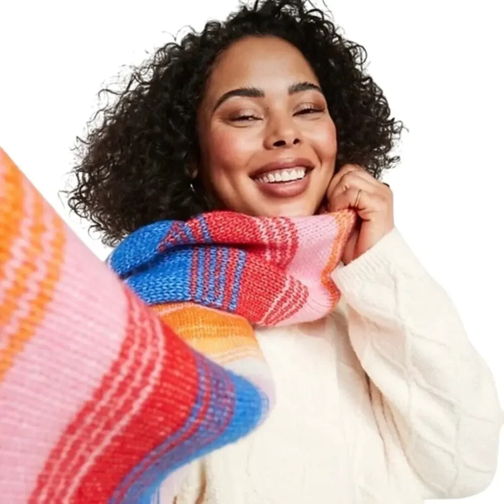 Old Navy Matching Hat and Scarf Set Rainbow Color Chunky Knit Sweater Fabric